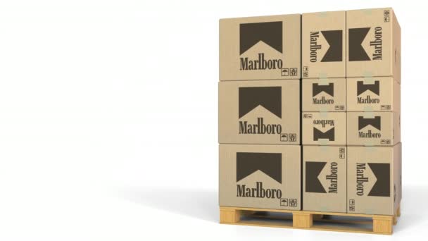 Кілька ящиків з логотипом Marlboro. Редакційна 3d анімація — стокове відео