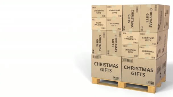 Schachteln mit Weihnachtsgeschenken Bildunterschrift. konzeptionelle 3D-Animation — Stockvideo