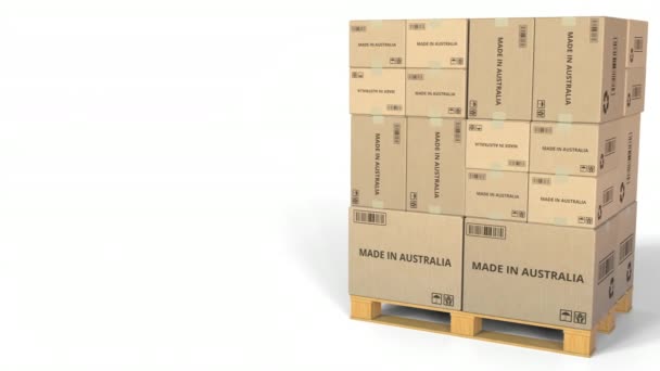HECHO EN AUSTRALIA texto en cajas en un palet. Animación 3D conceptual — Vídeo de stock