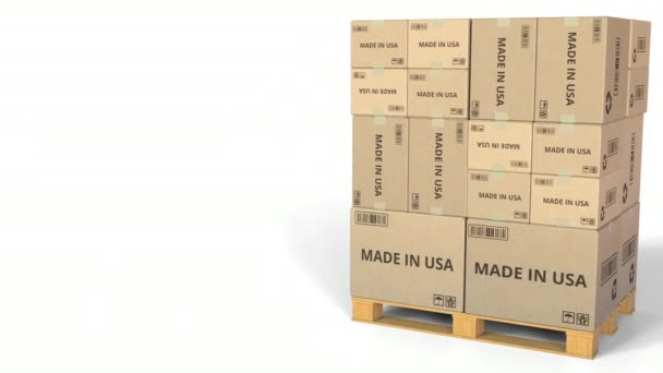 Картоны с надписью MADE IN USA. Концептуальная 3D анимация — стоковое видео