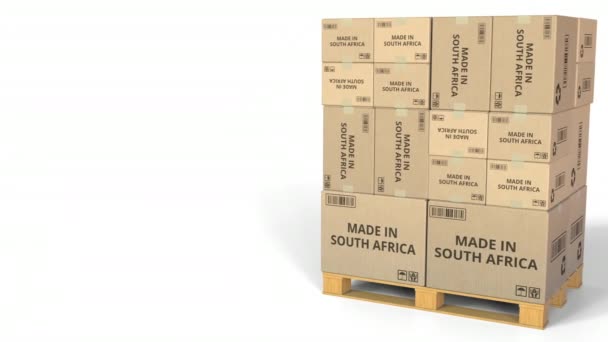 Caixas de armazenamento com texto MADE IN SOUTH AFRICA. Animação 3D — Vídeo de Stock