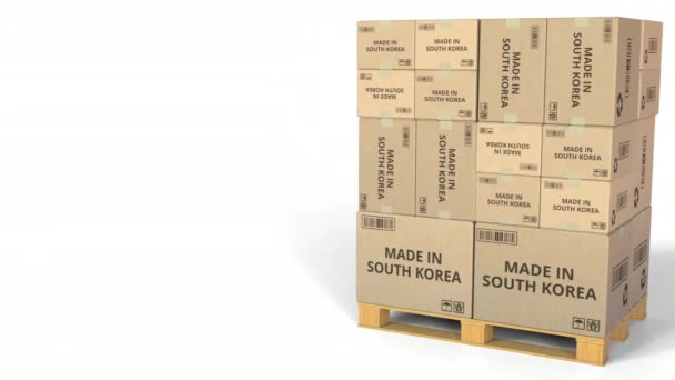 Картонные коробки с заготовленными в тексте Южного Кореа. 3D анимация — стоковое видео