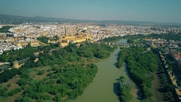 Повітряний налагодження постріл Cordoba від річки Гвадалквівір, Іспанія — стокове відео