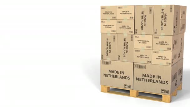Hergestellt in Niederländisch Text auf Boxen auf einer Palette. konzeptionelle 3D-Animation — Stockvideo