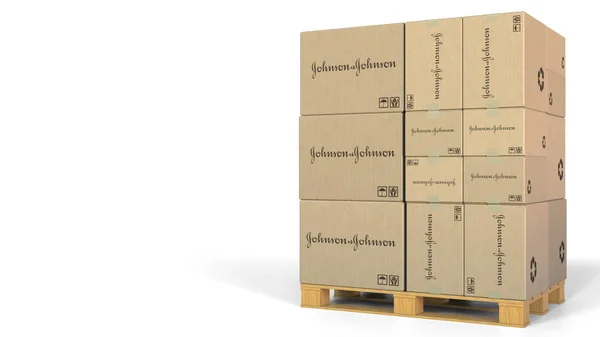 Krabice s Johnson a Johnson logo na skladu palet. Úvodník 3d vykreslování — Stock fotografie