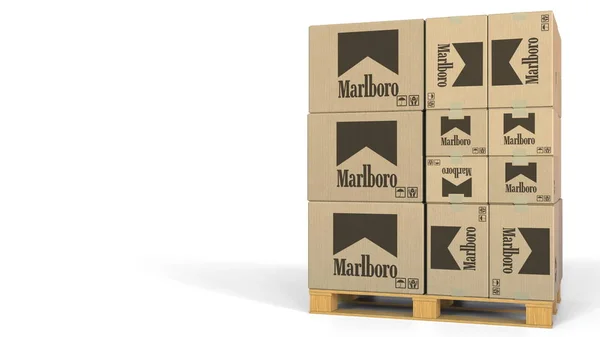 Múltiples cajas con el logotipo de Marlboro. Representación Editorial 3D — Foto de Stock