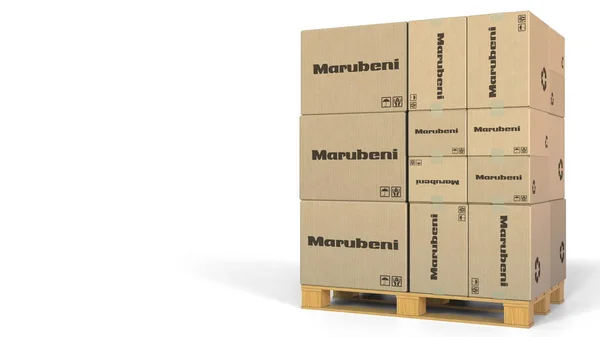 Cajas con logo Marubeni en paleta. Representación Editorial 3D — Foto de Stock
