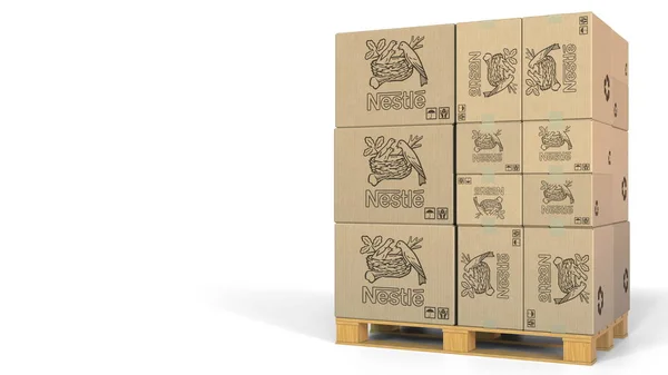 Múltiples cajas con el logotipo de Nestlé. Representación Editorial 3D —  Fotos de Stock