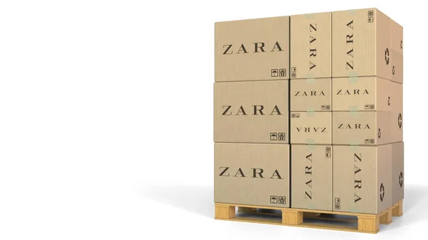 Cajas con logo Zara en paleta. Representación Editorial 3D —  Fotos de Stock