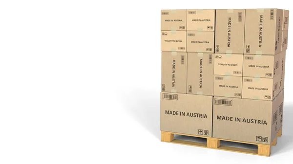 Γίνεται στην Αυστρία κείμενο στην αποθήκη χαρτοκιβώτια. 3D rendering — Φωτογραφία Αρχείου