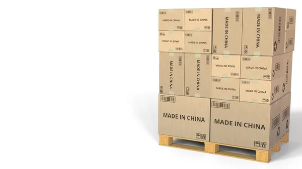 Vyrobeno v Číně text na krabice na paletě. Konceptuální 3d vykreslování — Stock fotografie