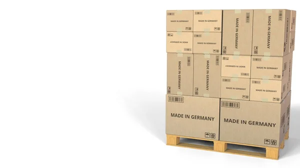 HECHO EN ALEMANIA texto en cajas en un palet. Renderizado 3D conceptual — Foto de Stock