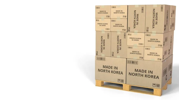 Vyrobeno v Severní Koreji text na skladu kartonů. 3D vykreslování — Stock fotografie