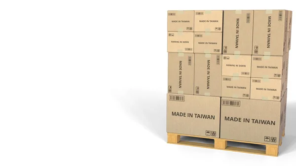 HECHO EN TAIWAN texto en cajas en un palet. Renderizado 3D conceptual —  Fotos de Stock