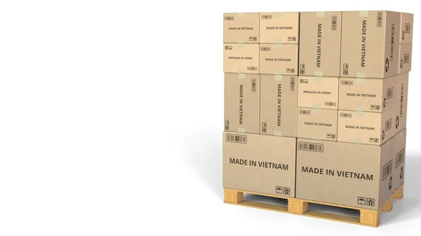 HECHO EN VIETNAM texto en cajas de cartón de almacén. Renderizado 3D —  Fotos de Stock
