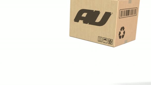 Fallender Karton mit Au-Logo. redaktionelle 3D-Animation — Stockvideo