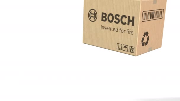 Картон с логотипом Bosch. Редакционная 3D анимация — стоковое видео
