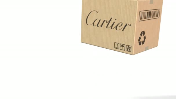 Falling carton with Cartier logo. Editorial 3D animation — Stock Video