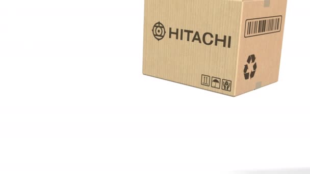 Karton met Hitachi logo. Redactionele 3d animatie — Stockvideo