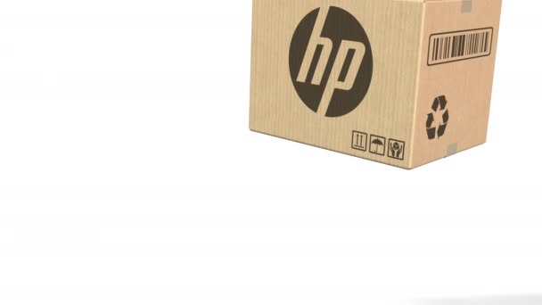 Падающая коробка с логотипом HP. Редакционная 3D анимация — стоковое видео