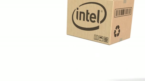 Caja con logotipo de Intel. Animación Editorial 3D — Vídeo de stock