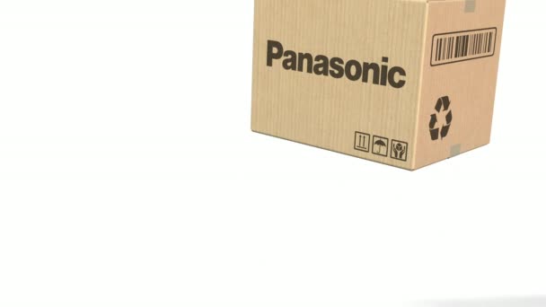 Fallande låda med Panasonic logotyp. Redaktionella 3d-animering — Stockvideo