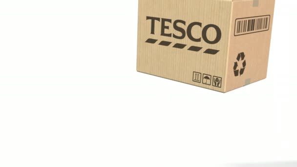 Caja de caída con logo Tesco. Animación Editorial 3D — Vídeos de Stock