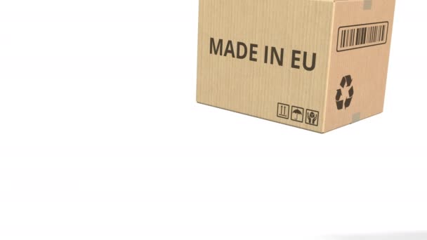 Dalende karton met Made In Eu tekst, 3d animatie — Stockvideo