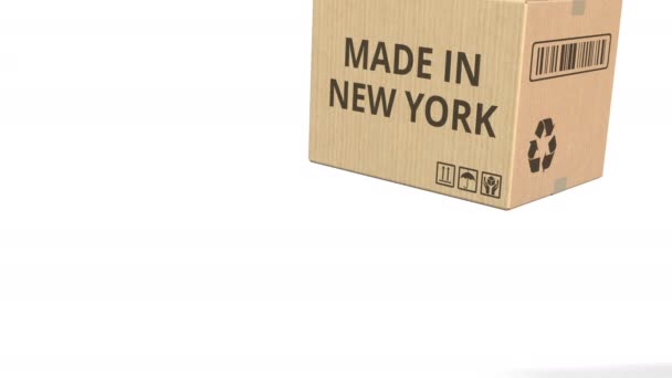 Падающая коробка с созданным в Нью-Йорке текстом, 3D анимация — стоковое видео