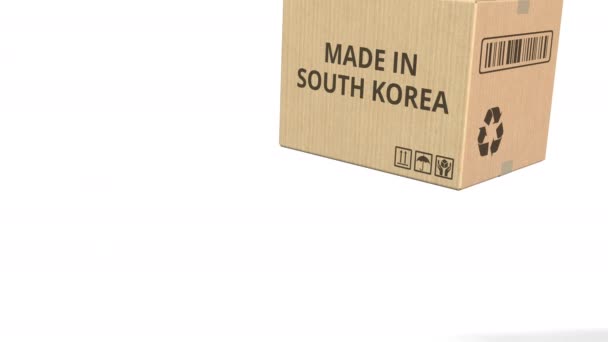 Falling carton with MADE IN SOUTH KOREA text, 3D animation — Stock Video