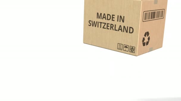 纸箱与瑞士制造的文本。3d 动画 — 图库视频影像