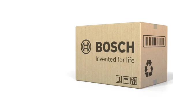 Krabička s logem Bosch. Úvodník 3d vykreslování — Stock fotografie