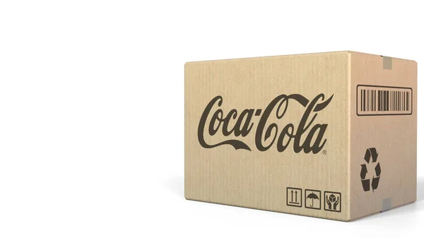 Logo Coca-Cola na karton. Úvodník 3d vykreslování — Stock fotografie
