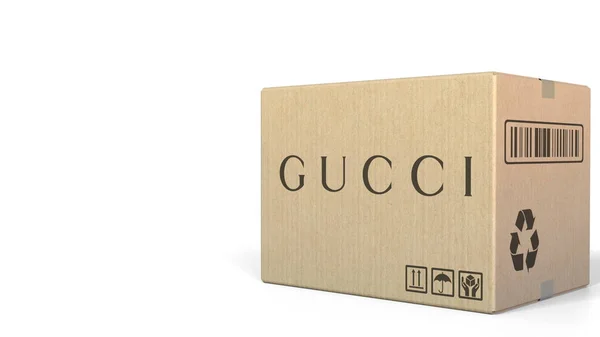 Karton Gucci logóval. Szerkesztői 3d-leképezés — Stock Fotó