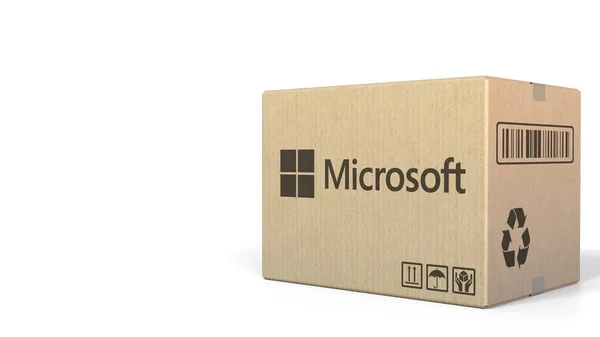 Logotipo de Microsoft en un cartón. Representación Editorial 3D — Foto de Stock