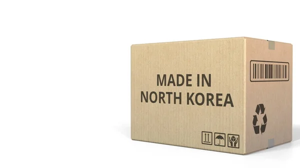 Pudełko tekturowe zawierające tekst wykonane w Korei Północnej, renderowania 3d — Zdjęcie stockowe