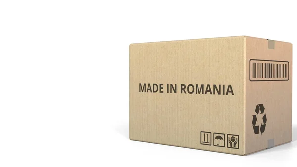 Коробка с надписью MADE IN ROMANIA. 3D рендеринг — стоковое фото