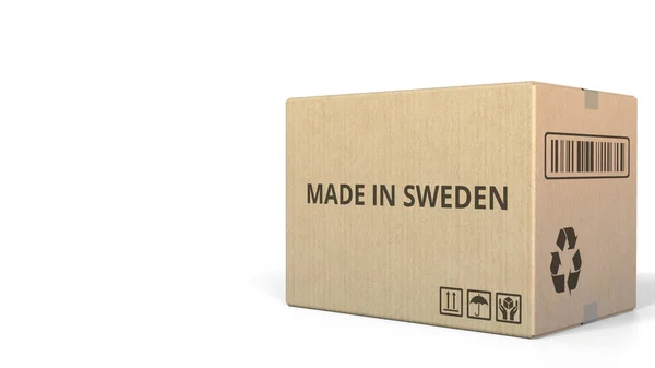 Pudełko tekturowe zawierające tekst Made In Sweden. renderowania 3D — Zdjęcie stockowe