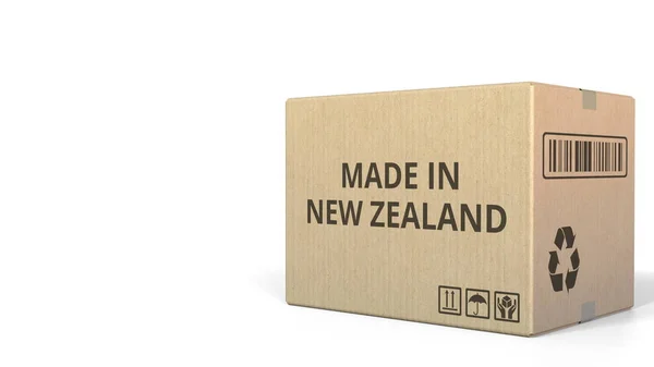 Cartón con HECHO EN NUEVA ZELANDA texto, representación 3D —  Fotos de Stock