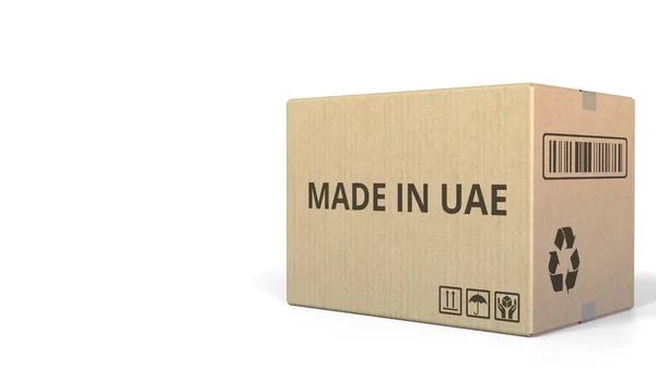 Caja con leyenda MADE IN UAE. Renderizado 3D —  Fotos de Stock