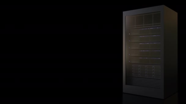 Betrieb moderner Serverschränke vor schwarzem Hintergrund. informationstechnisch bedingte lückenhafte Animation — Stockvideo