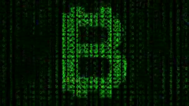 Störgeräuschanimation des Bitcoin-Symbols auf dem Computerbildschirm. Kryptowährungsprobleme im Zusammenhang mit Schlupflöchern Bewegungshintergrund — Stockvideo