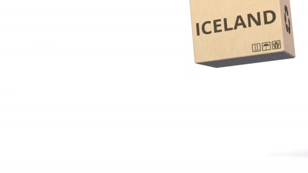 PRODUCT of ICELAND caption on boxes. 3D анимация — стоковое видео