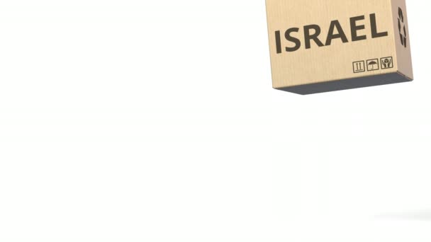 Caixas de queda com texto do PRODUTO DE ISRAEL. Animação 3D conceitual — Vídeo de Stock
