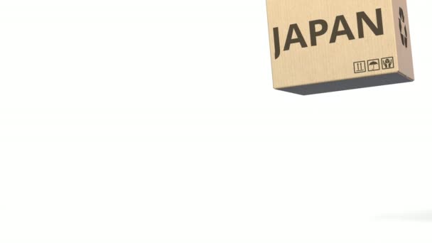 Японские коробки с надписью PRODUCT OF JAPAN. 3D анимация — стоковое видео