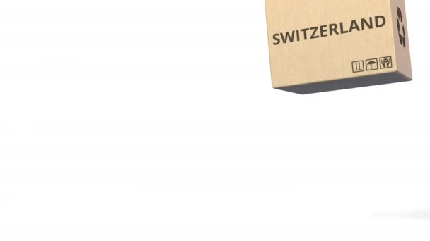 PRODUCT of SWITZERLAND caption on boxes. 3D анимация — стоковое видео