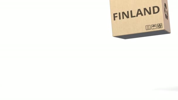 PRODUCT OF FINLAND текст на коробках, пробел для подписи. 3D анимация — стоковое видео