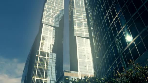 Glitch noise vídeo of a generic modern skyscrapers. Problemas financeiros ou clipe relacionado à crise — Vídeo de Stock