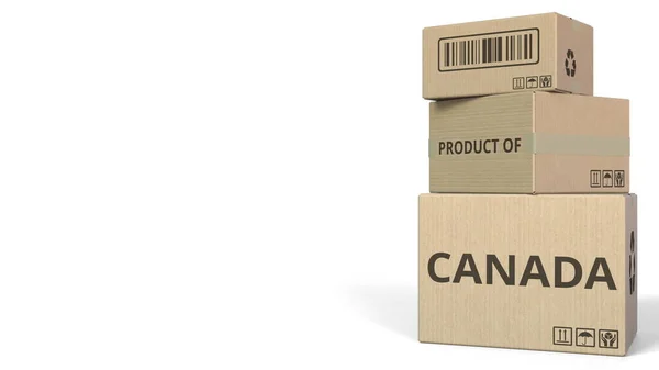 PRODUCTO DE CANADÁ texto sobre cajas de cartón. Renderizado 3D conceptual — Foto de Stock