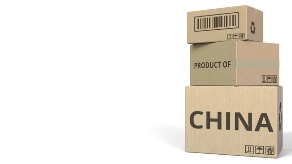 Falling cartons with PRODUCT OF CHINA text. 3D rendering — Stock Photo, Image